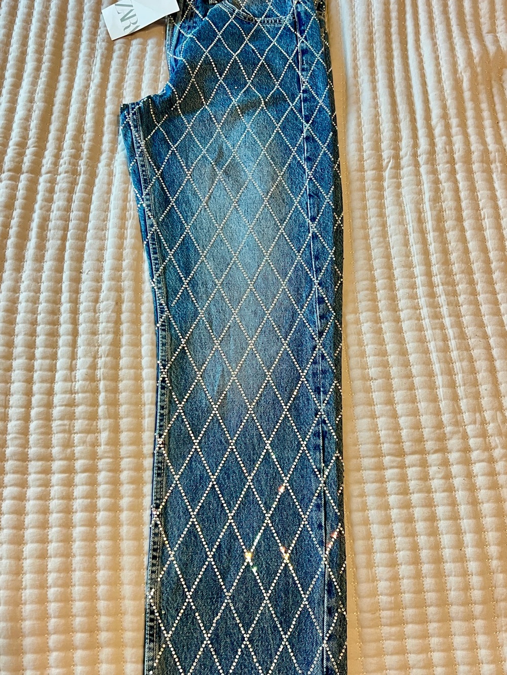 Zara Blue Denim Jeans with White Diamond Stud Pattern - Picture 4 of 5